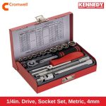 1_4in. Drive, Socket Set, Metric, 4mm - 14mm, Set of 19, Chromed Finish KEN5828800K