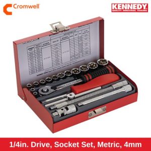 1_4in. Drive, Socket Set, Metric, 4mm - 14mm, Set of 19, Chromed Finish KEN5828800K
